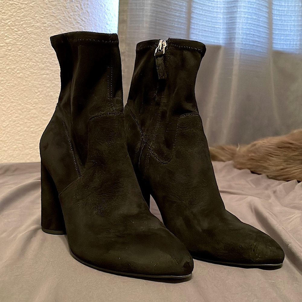 Black faux suede heeled booties.